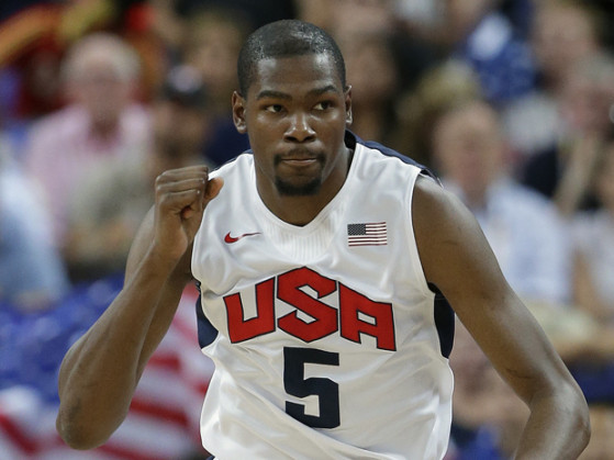 United States' Kevin Durant reacts during a men's gold medal basketball game against Spain at the 2012 Summer Olympics, Sunday, Aug. 12, 2012, in London. (AP Photo/Eric Gay)