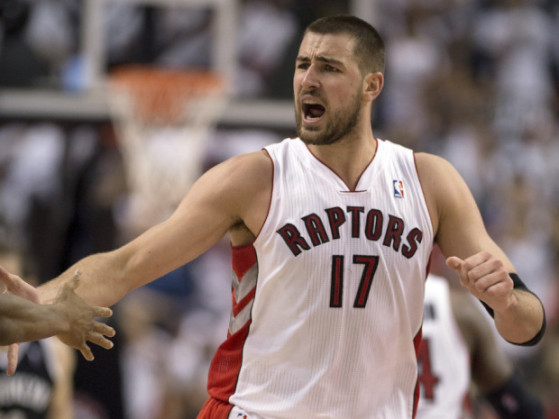 Toronto Raptors centre Jonas Valanciunas celebrates during second half NBA first round playoff action against the Brooklyn Nets in Toronto on Wednesday April 30, 2014. THE CANADIAN PRESS/Frank Gunn