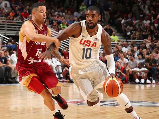 CHICAGO, IL - JULY 29: Kyrie Irving #10 of the USA Basketball Men's National Team handles the ball against Venezuela on July 29, 2016 at the United Center in Chicago, Illinois. NOTE TO USER: User expressly acknowledges and agrees that, by downloading and or using this Photograph, user is consenting to the terms and conditions of the Getty Images License Agreement. Mandatory Copyright Notice: Copyright 2016 NBAE (Photo by Gary Dineen/NBAE via Getty Images)